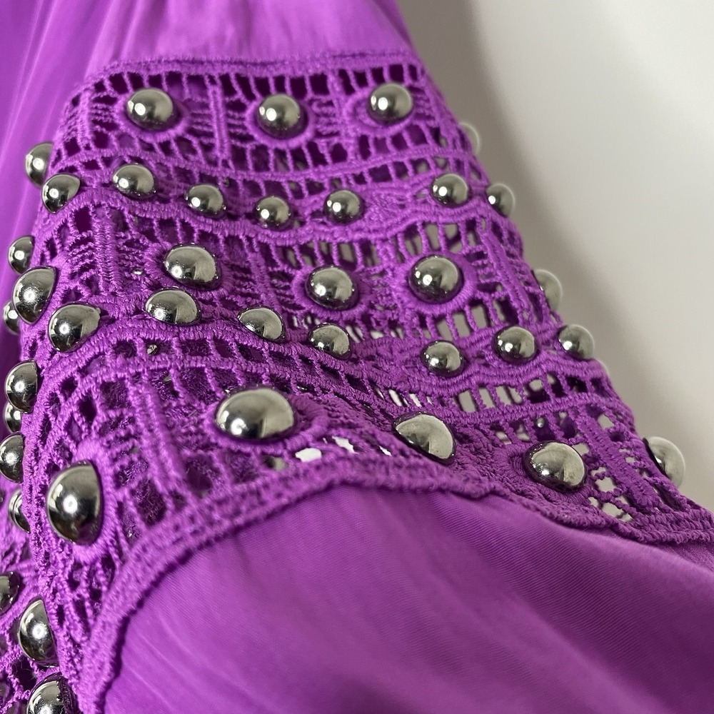 Chico's‎ Blouse 4 XXL Purple Tunic Top Mesh Studded Sleeve Ruffle Cuff V Neck - Picture 7 of 16
